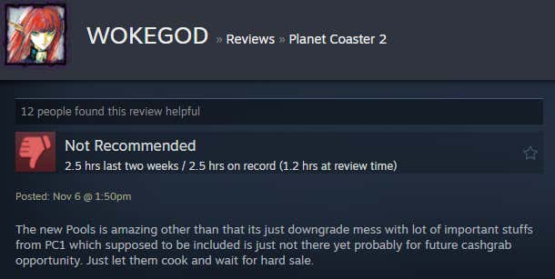 Screenshot showing Steam user reviews of Planet Coaster 2.